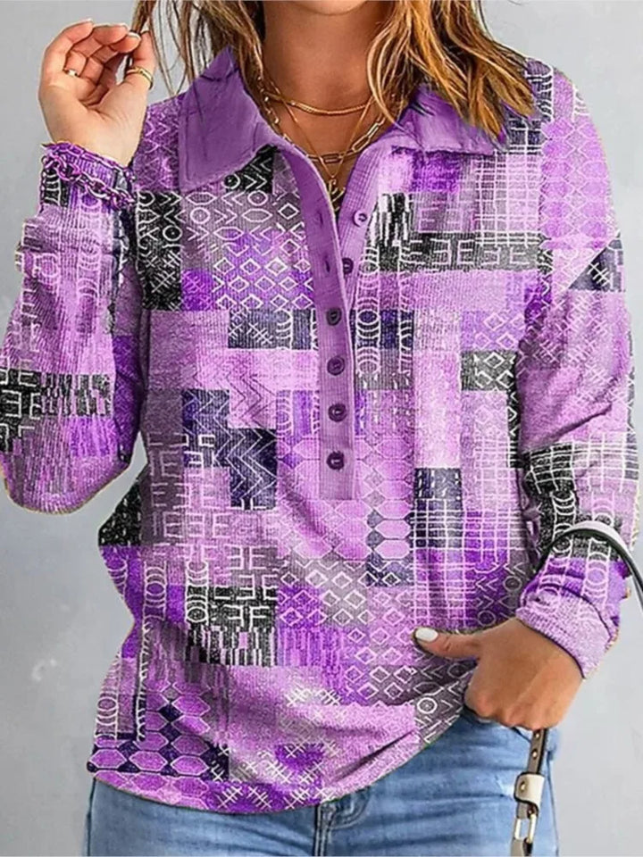 Woman wearing purple patchwork print button placket top