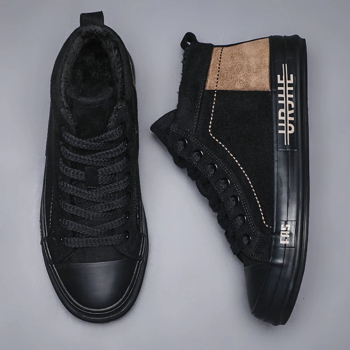 Top and side view of black high-top sneaker