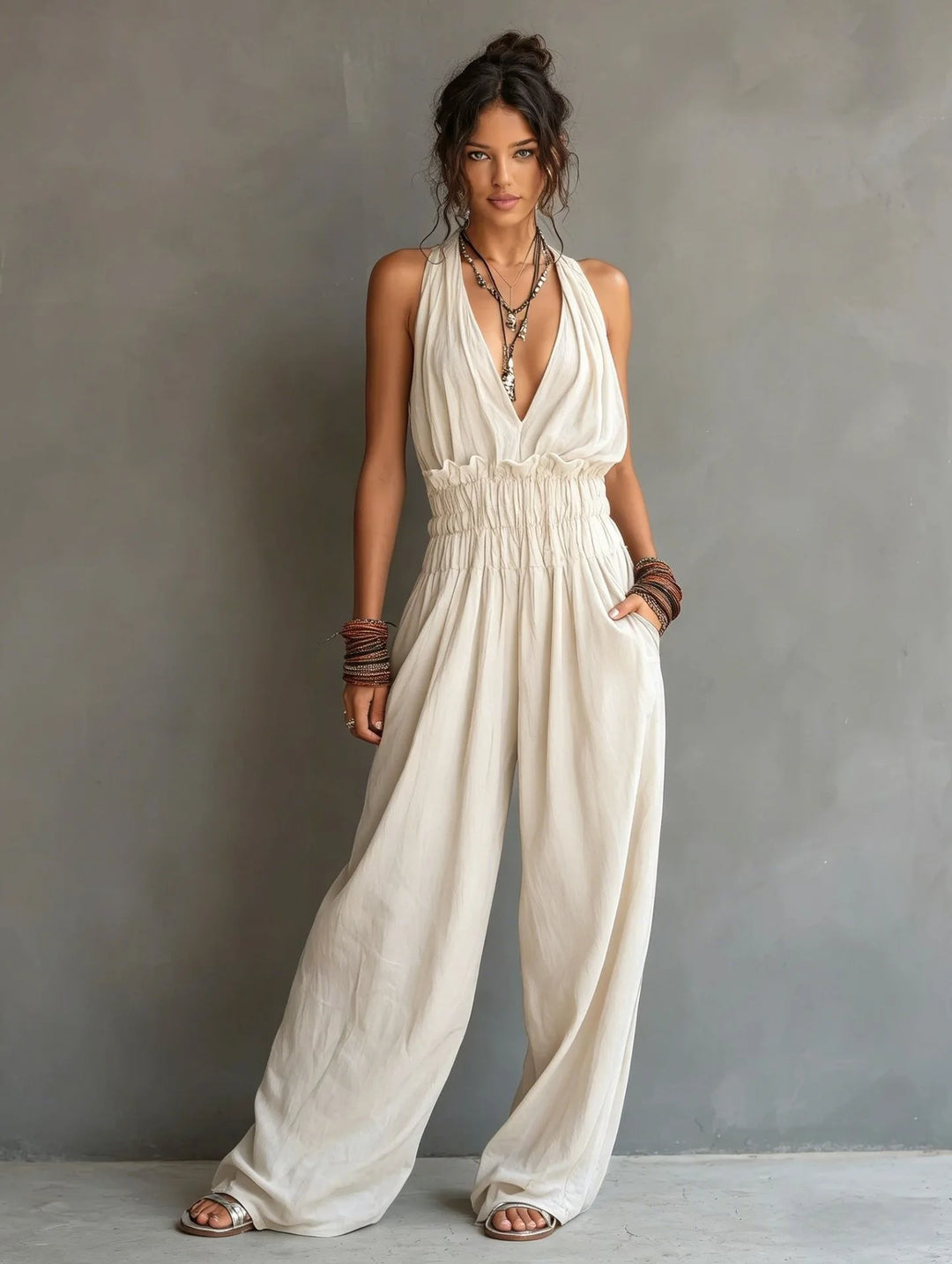 Daphne Deep V Neck Wide Leg Jumpsuit