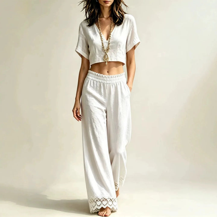 Maristelle Cropped Top Lace Detail Pants Set