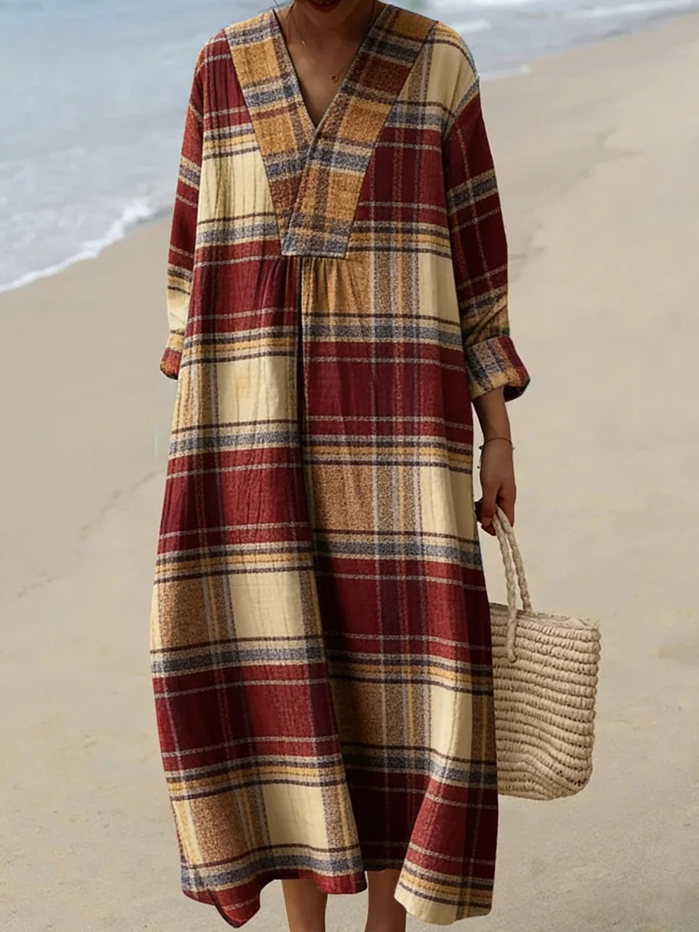 Delaney V Neck Plaid Midi Dress