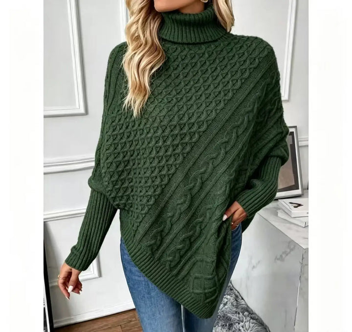 Green cable knit poncho sweater, front view