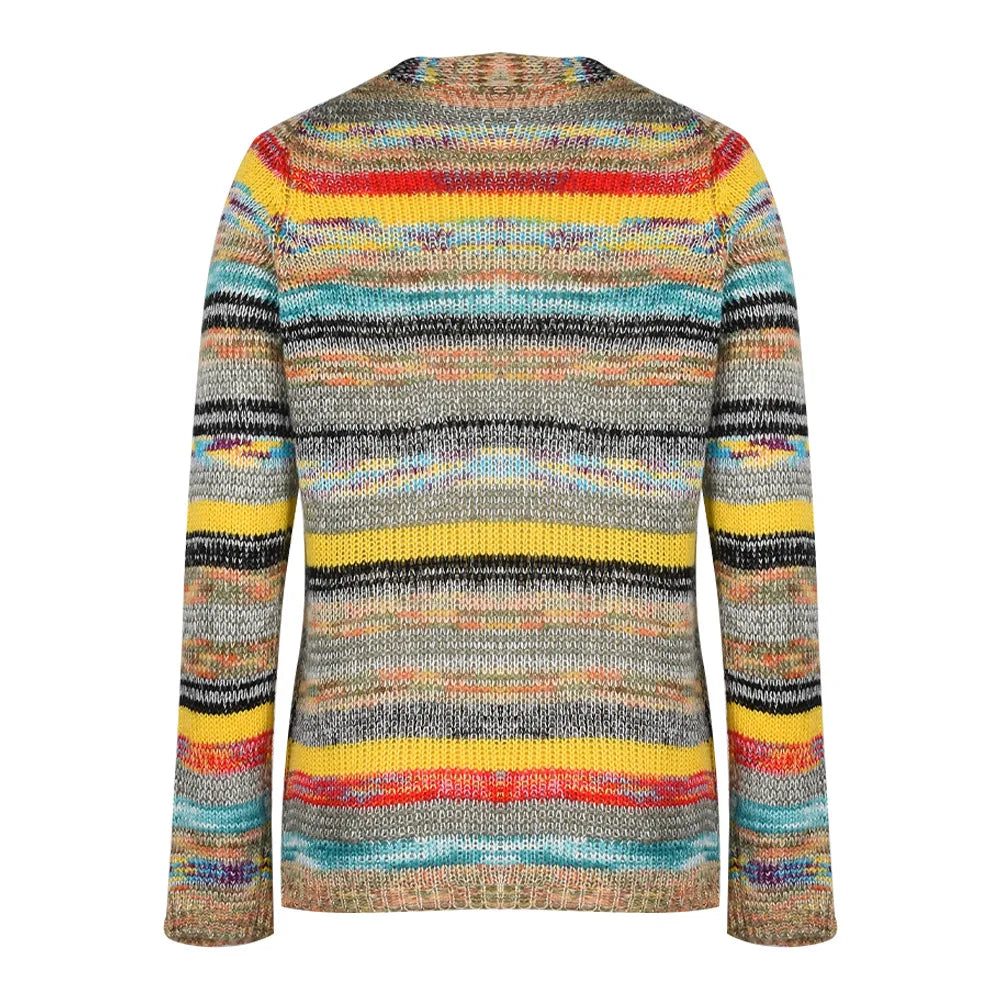 Back view of multicolor striped knit cardigan