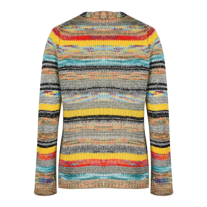 Back view of multicolor striped knit cardigan
