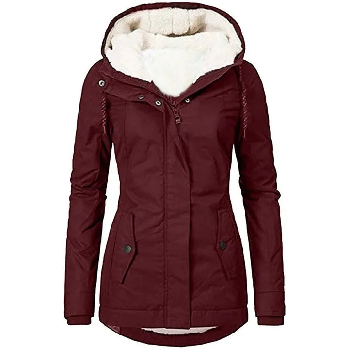 Red hooded parka jacket with sherpa lined hood, front view