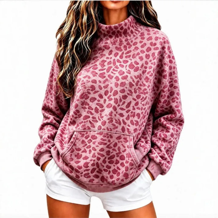 Woman wearing rose red leopard print pullover sweatshirt