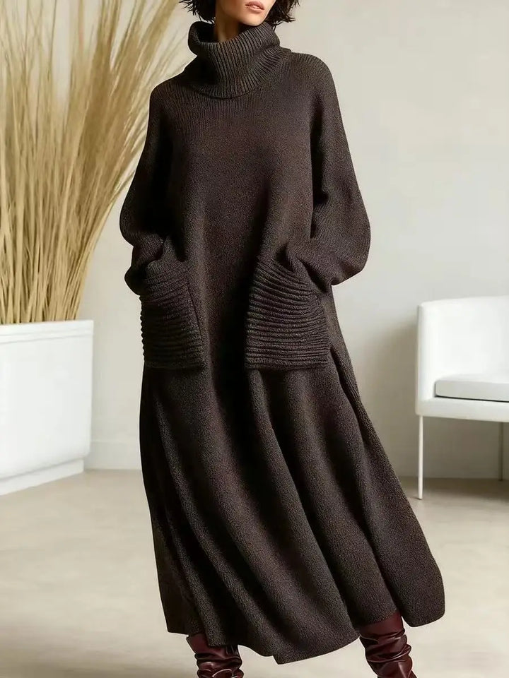 Brown turtleneck sweater dress with ribbed pockets