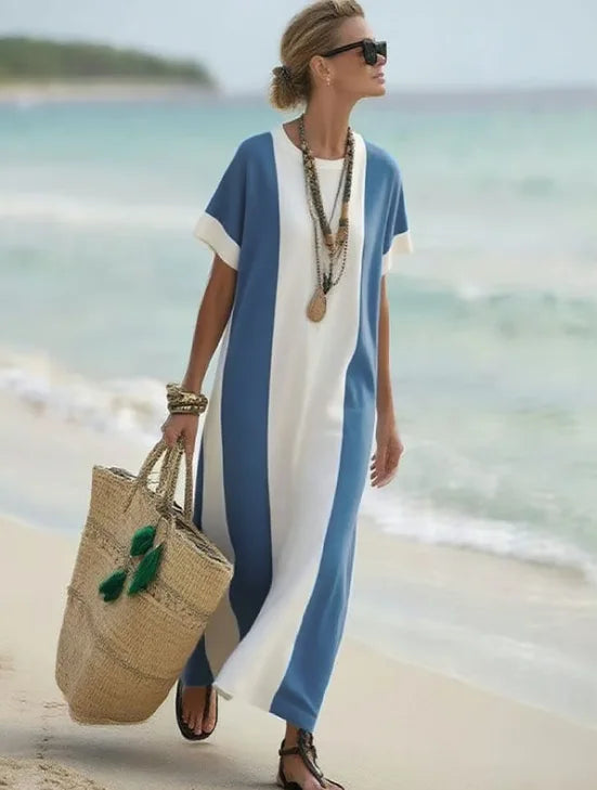 Marina Striped Short Sleeve Flowing Maxi Dress