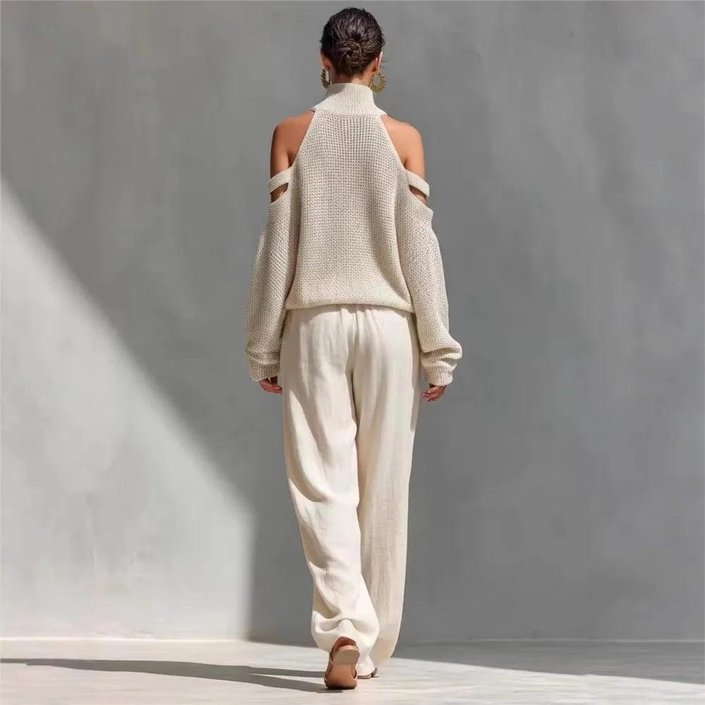 Beige cutout shoulder sweater and wide leg pant set, back view