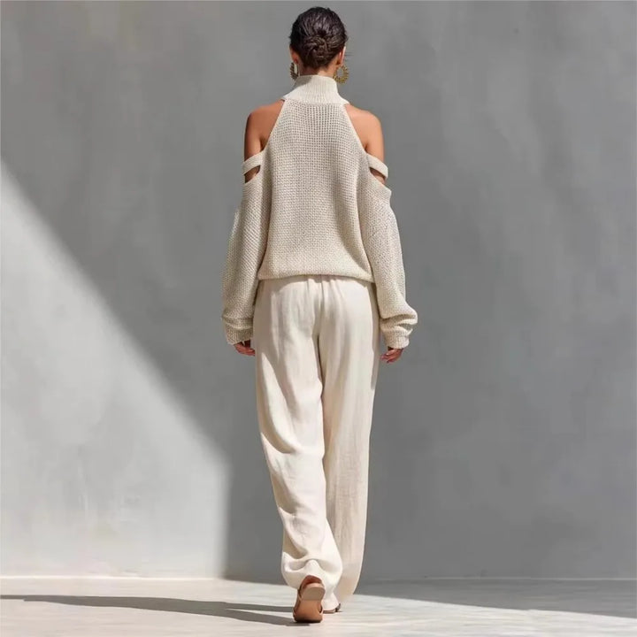 Beige cutout shoulder sweater and wide leg pant set, back view