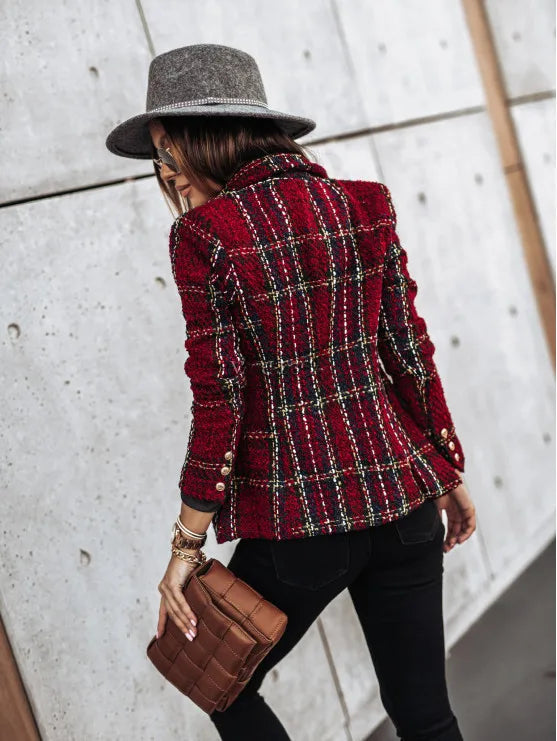 Back view of burgundy plaid blazer showing tweed texture