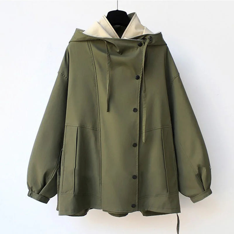 Green jacket with drawstring hood and button front