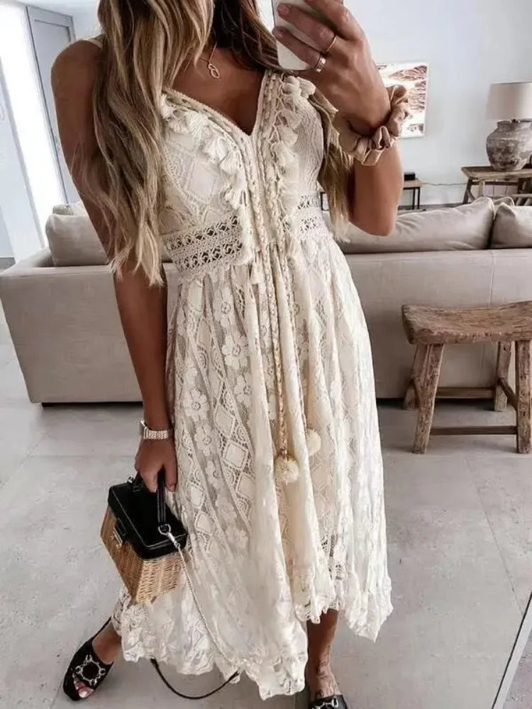 Kaia V Neck Crochet Detail Maxi Dress