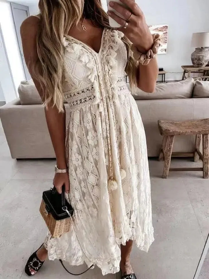Kaia V Neck Crochet Detail Maxi Dress