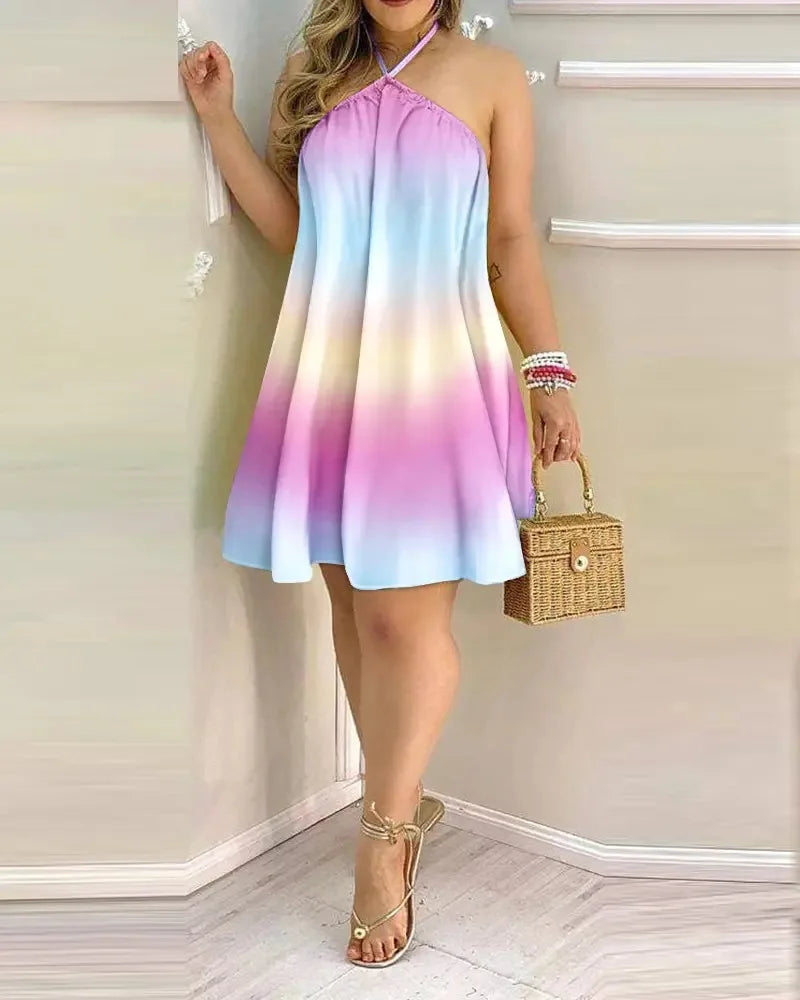 Noelle Elegant Tropical Halter Mini Dress