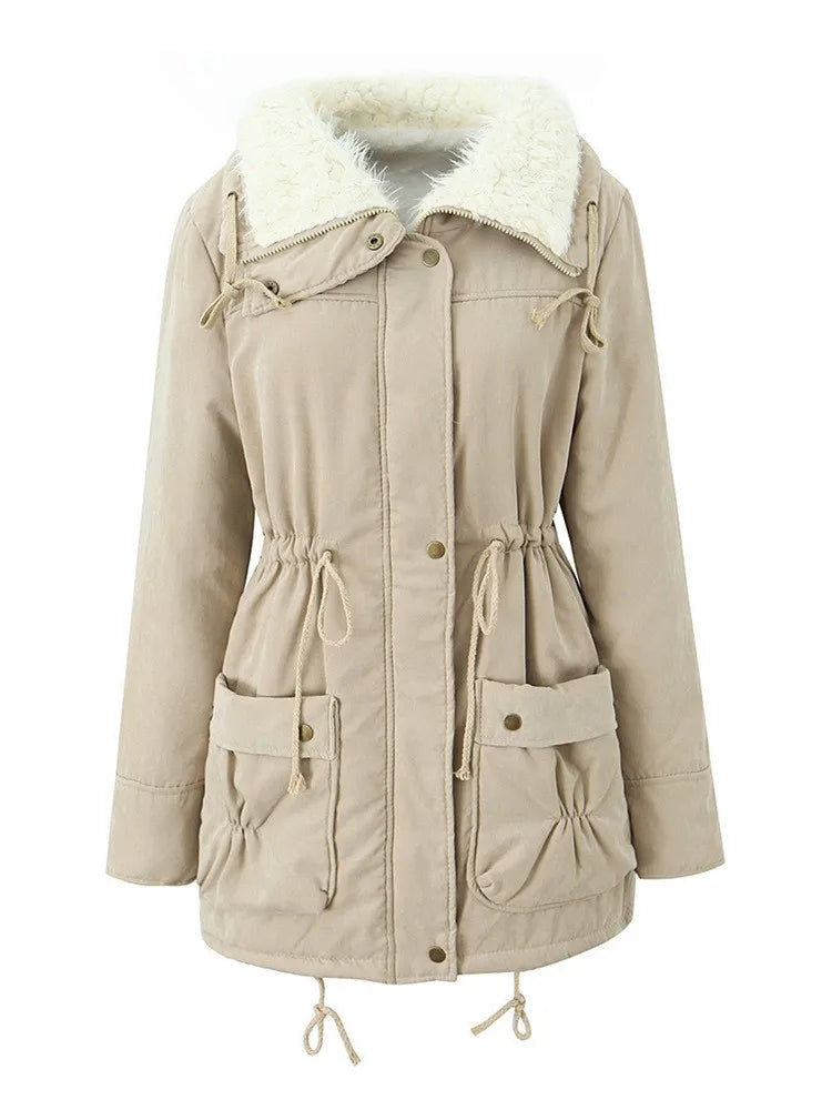 Khaki hooded parka with faux shearling collar on white background