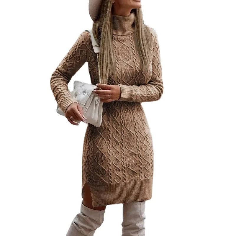 Camel cable knit turtleneck sweater dress with side slit, front view