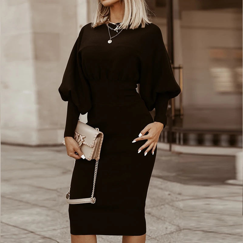 Black lantern sleeve bodycon midi dress, front detail