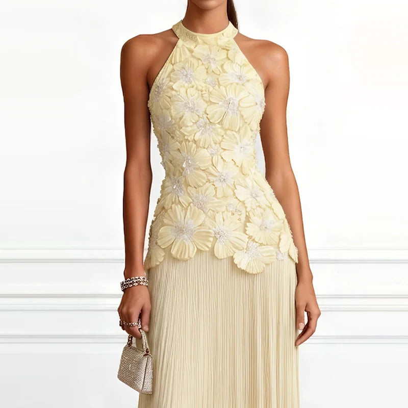 Yellow floral halter dress bodice close up