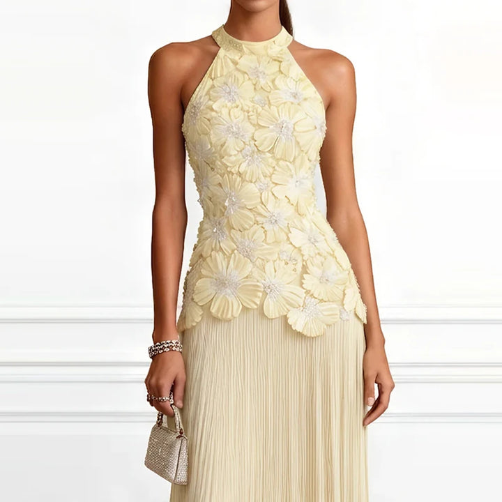 Yellow floral halter dress bodice close up