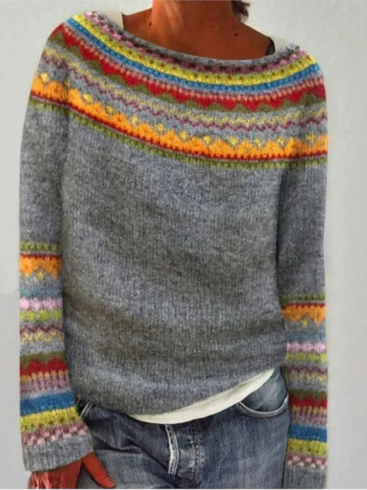 Gray Fair Isle pullover sweater with multicolor yoke