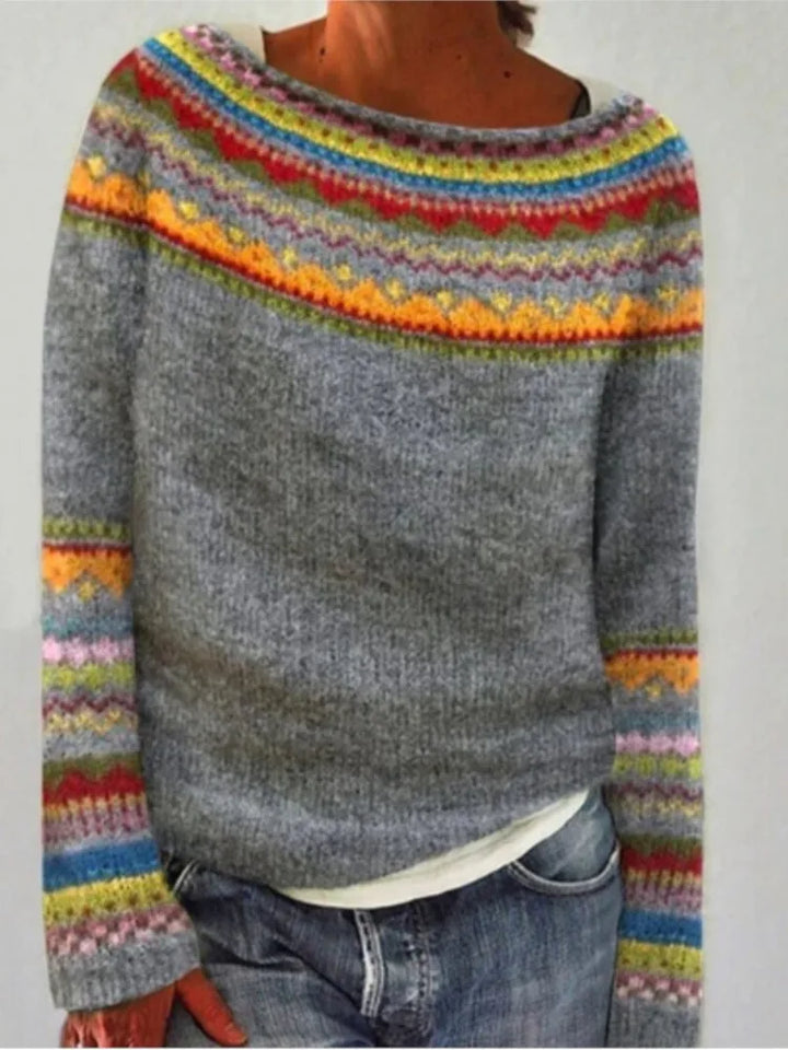 Gray Fair Isle pullover sweater with multicolor yoke