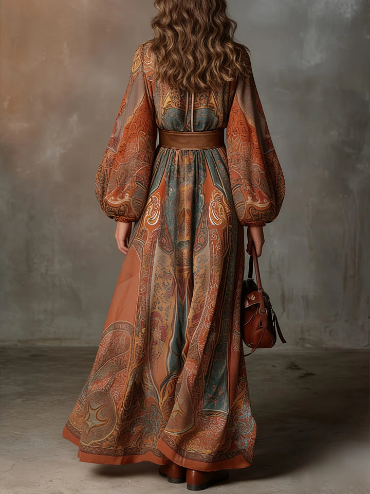 Back view of paisley print maxi dress with belted waist and lantern sleeves