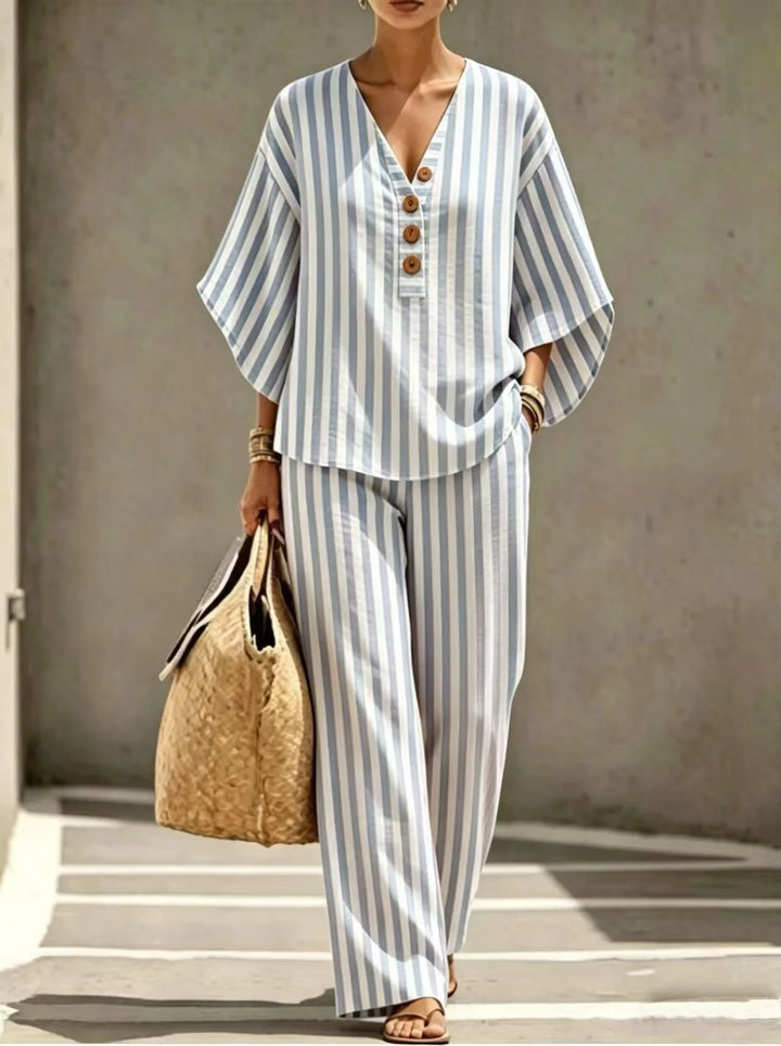 Madison Striped Short Sleeve Button Front Pants Set