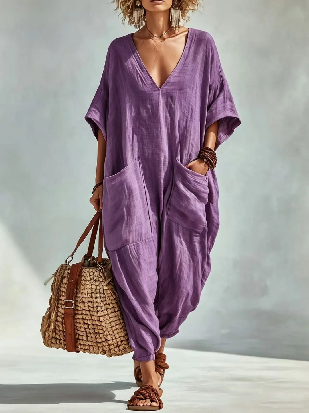 Serena V Neck Linen Blend Pocket Romper