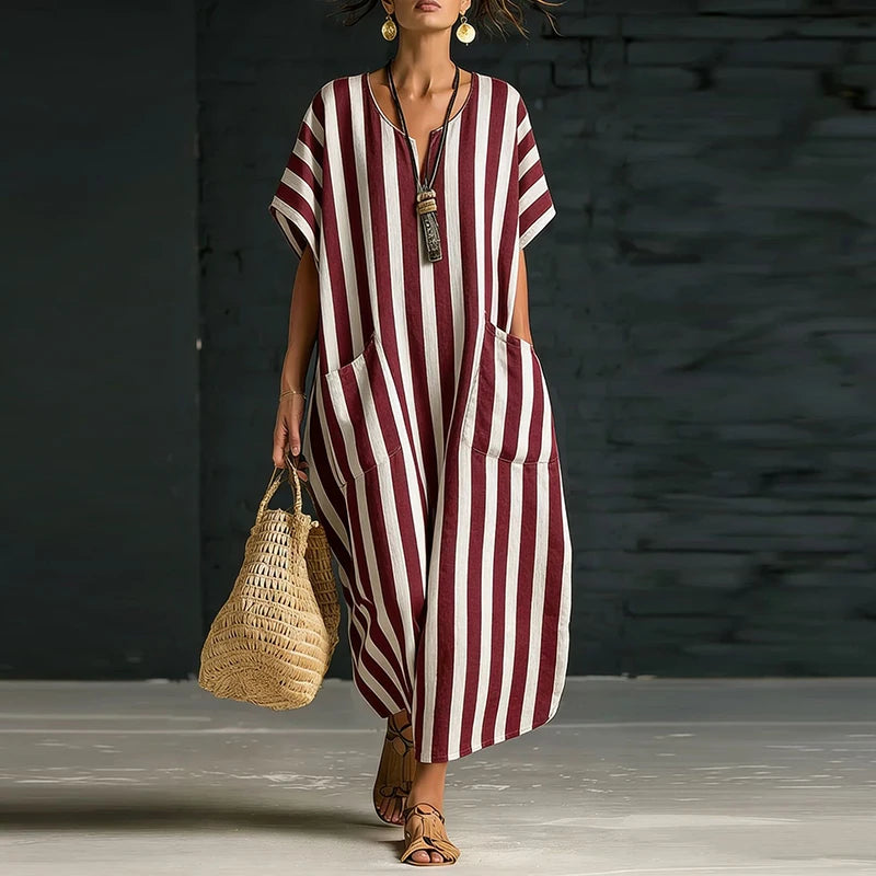 Rosemyn Striped V Neck Boho Maxi Dress