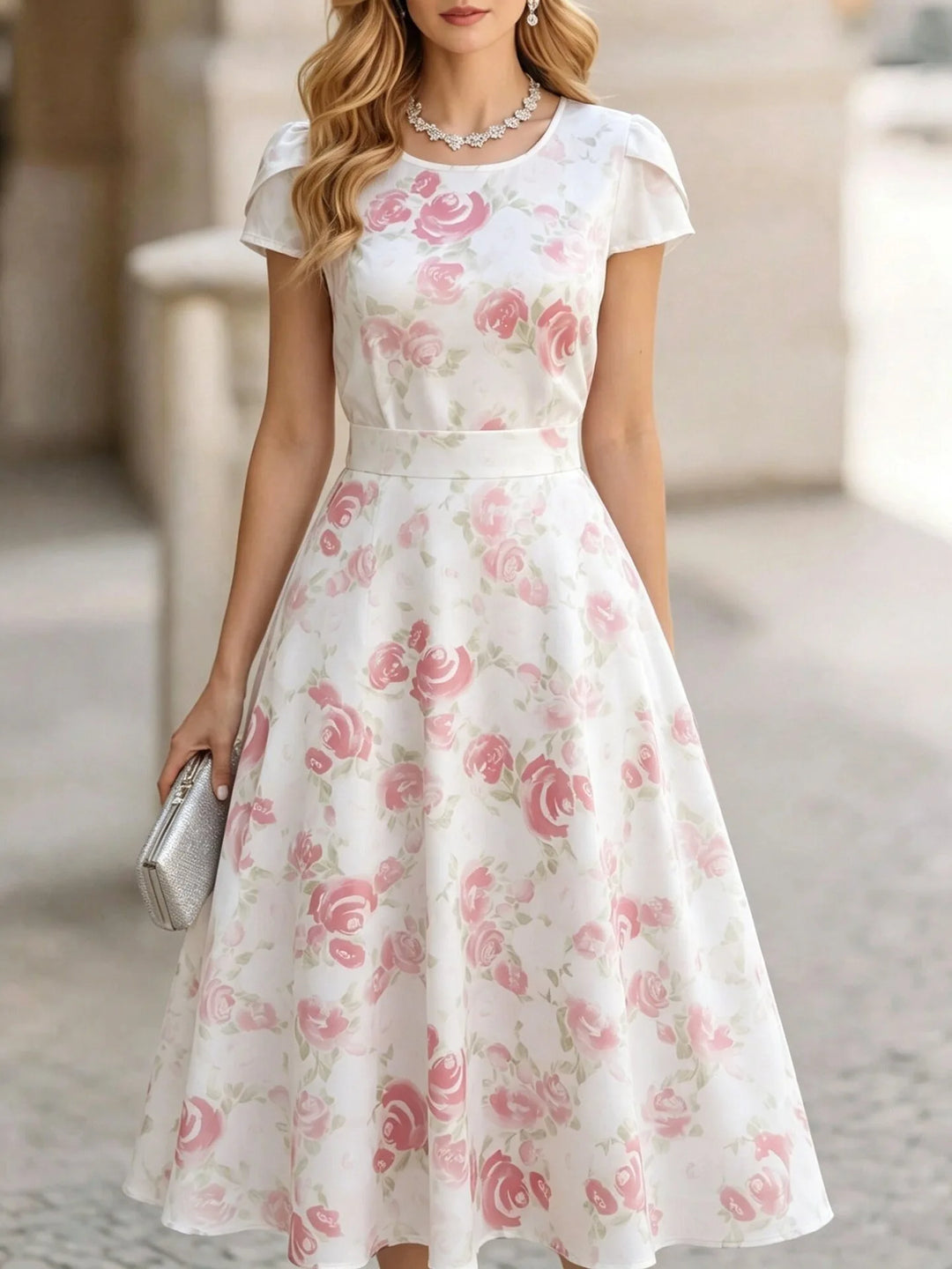 Rosalie Elegant Floral Short Sleeve Midi Dress