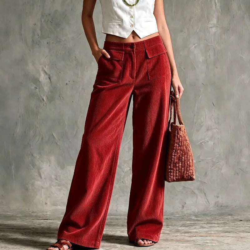 Red corduroy wide leg pants front view