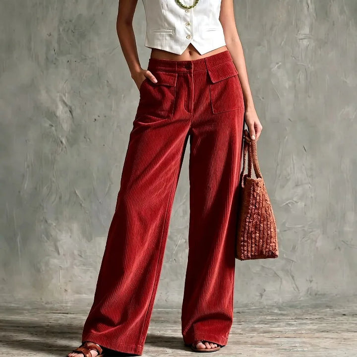 Red corduroy wide leg pants front view