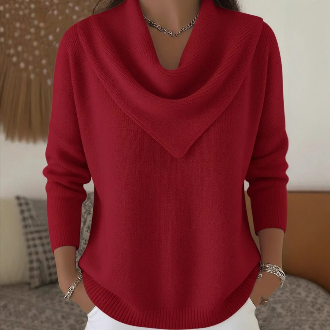 Woman wearing red cowl neck ribbed knit sweater