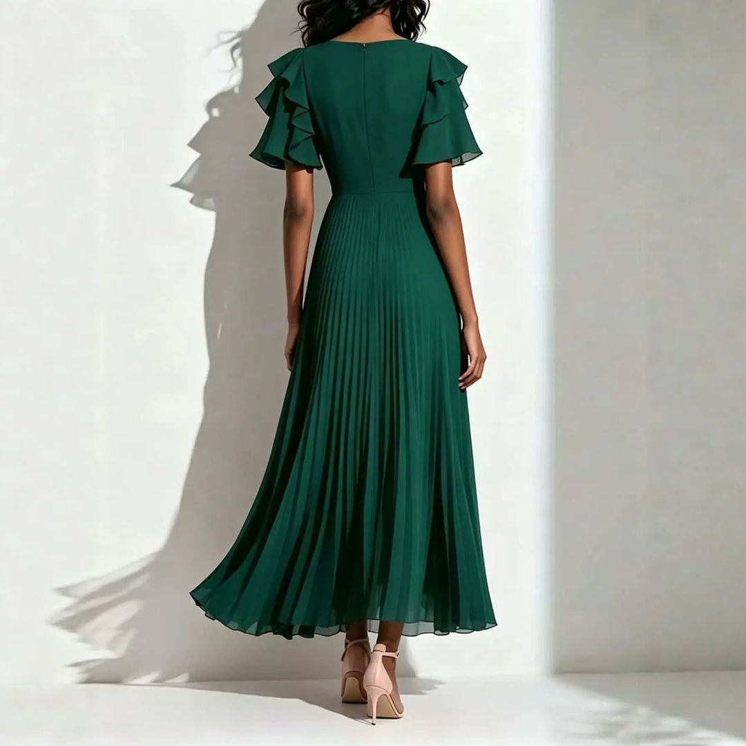 Emerald green pleated maxi dress with ruffle sleeves, back view