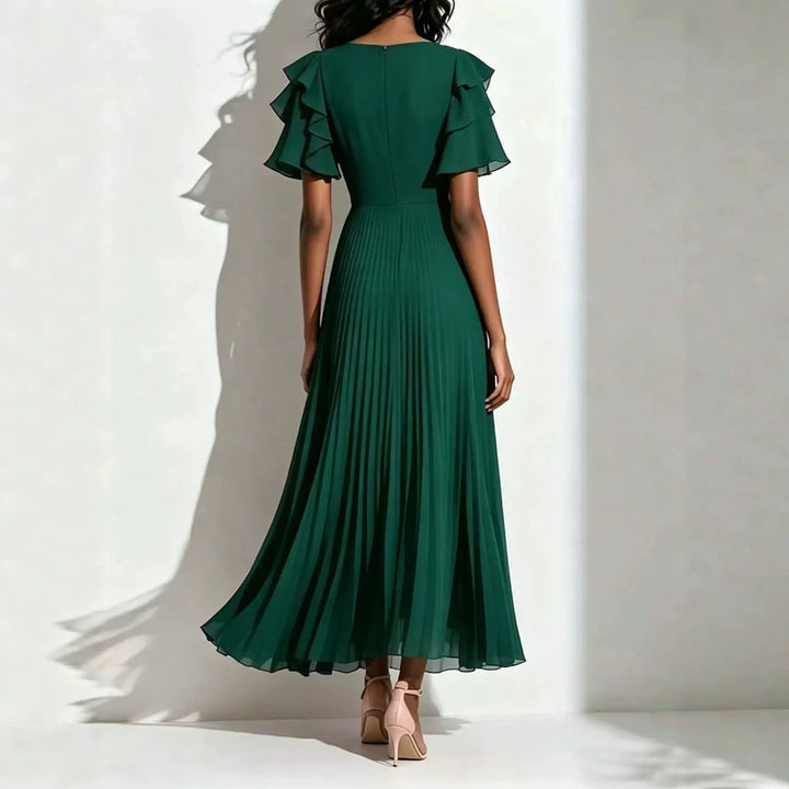 Emerald green pleated maxi dress with ruffle sleeves, back view