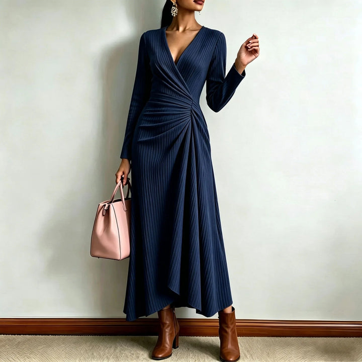 Navy blue ribbed knit wrap maxi dress, close up front view