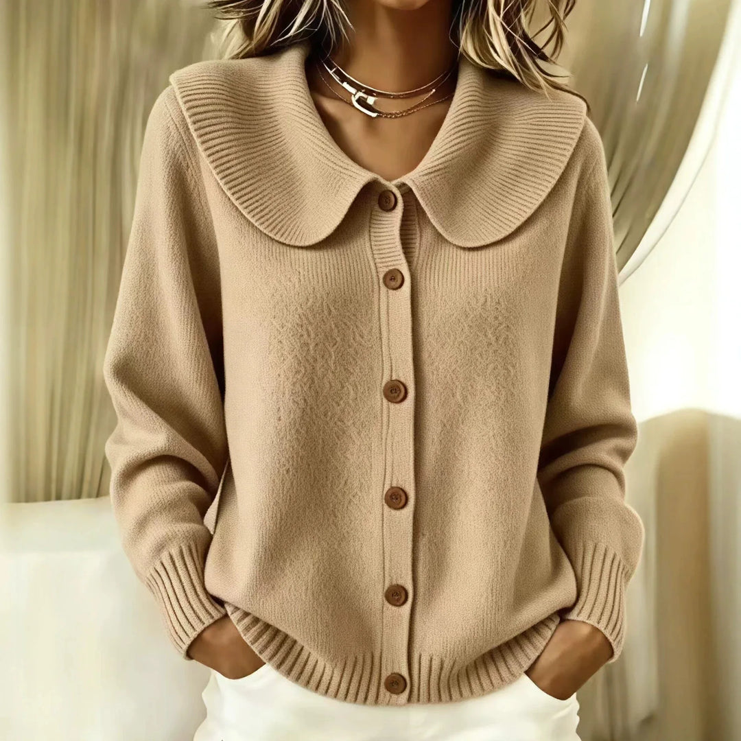 Woman wearing khaki wide collar button front cardigan