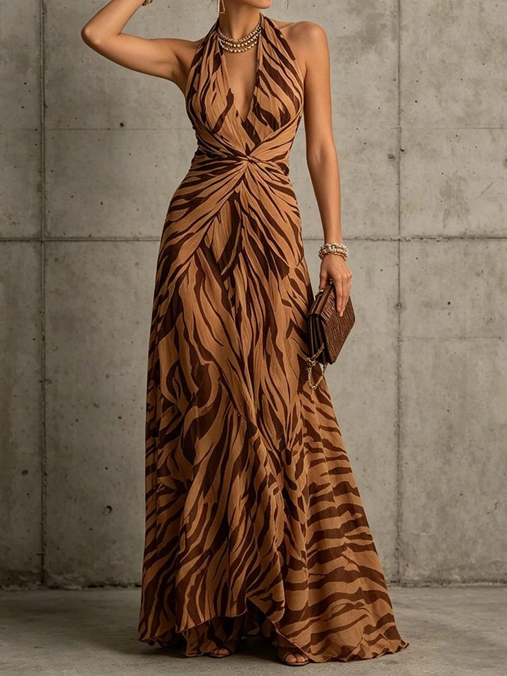 Brown zebra print halter maxi dress front view