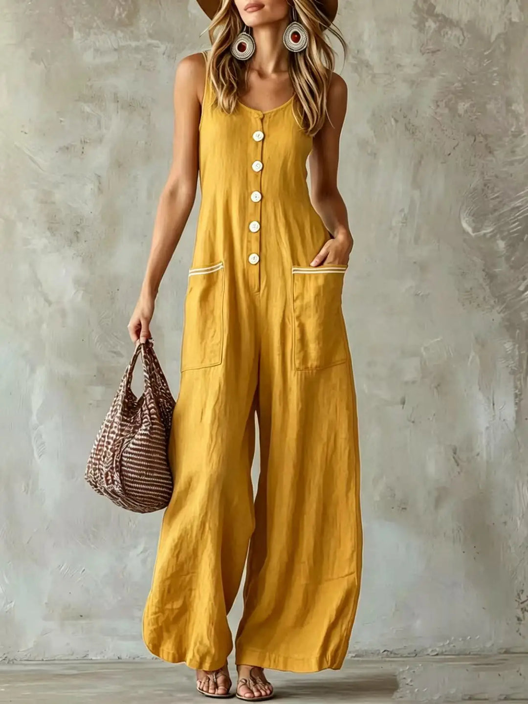 Lianna Button Front Wide Leg Jumpsuit