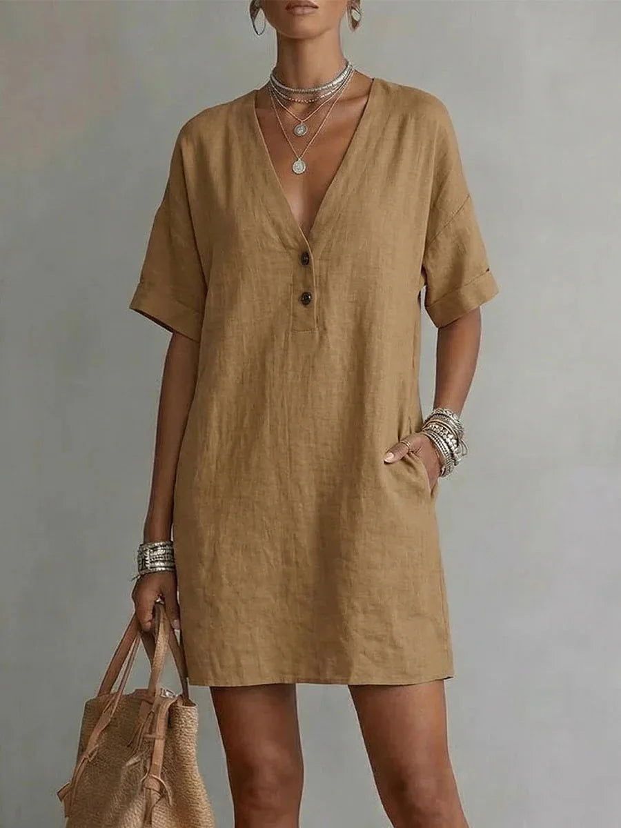 Talia Breathable Linen V-Neck Mini Dress