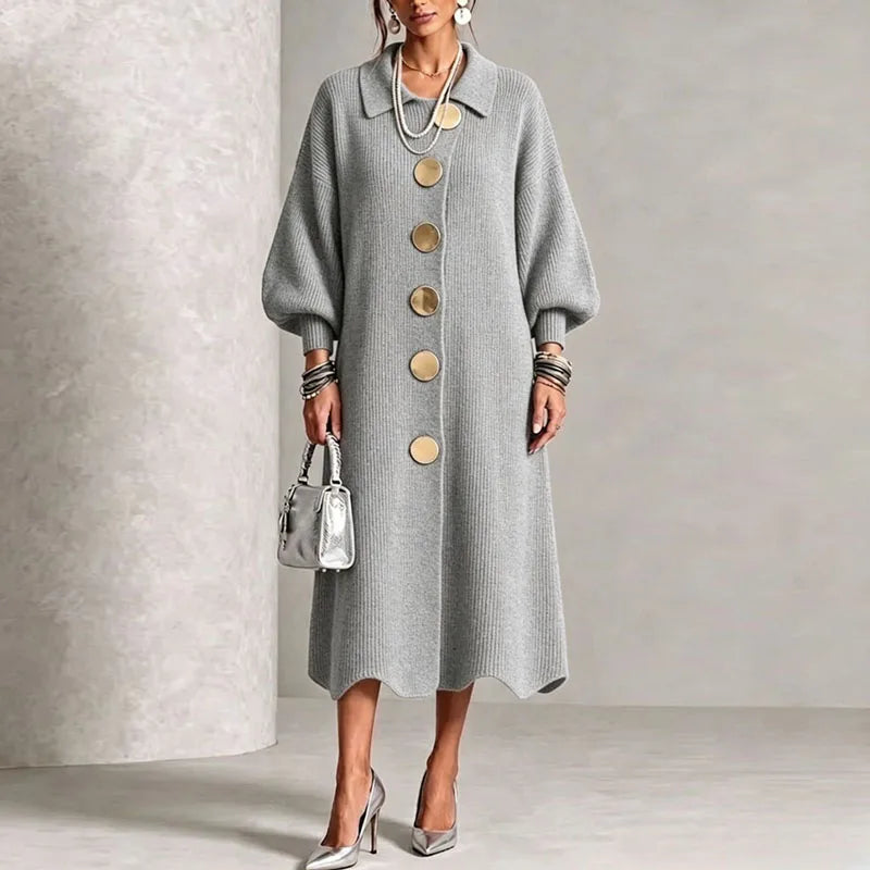 Grey ribbed knit sweater dress, front view