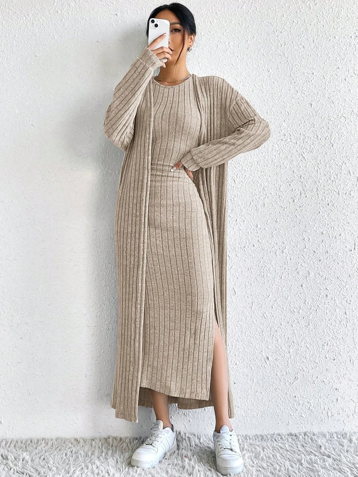 Woman taking mirror selfie in khaki ribbed dress and cardigan set