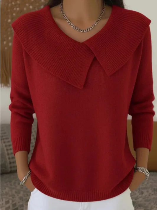 Dark red sweater with oversized draped collar, front view