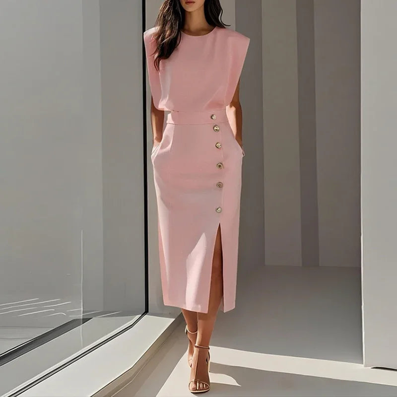 Paige Elegant Button Split Midi Dress