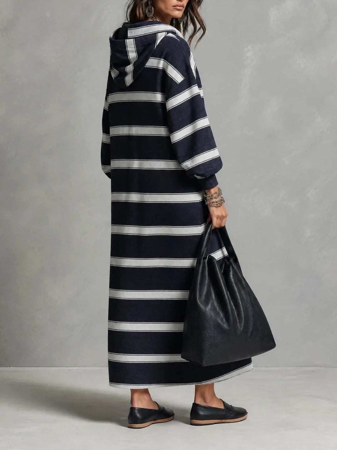 Back view of navy striped hooded maxi dress