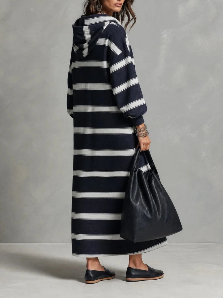 Back view of navy striped hooded maxi dress