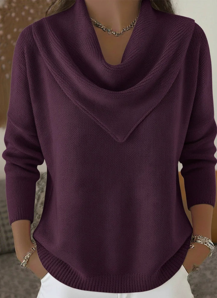 Woman wearing purple cowl neck ribbed knit sweater