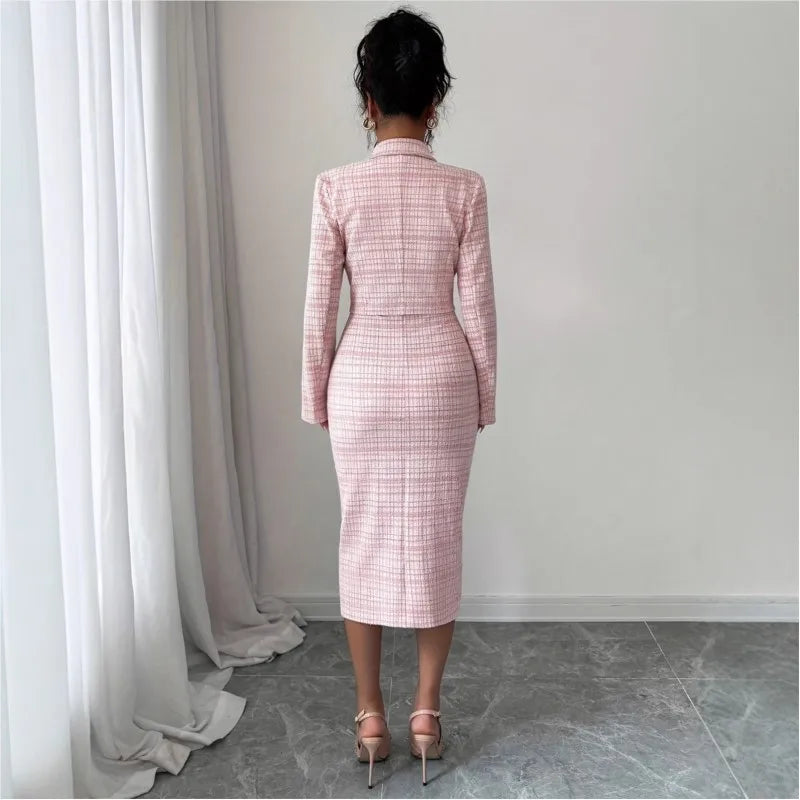 Back view of pink tweed sheath dress and jacket set