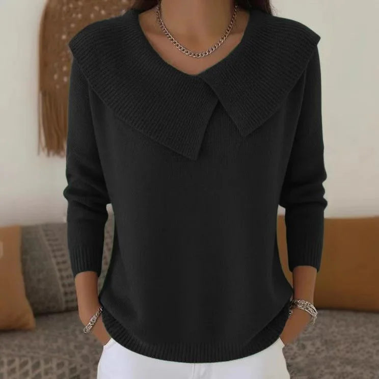 Black sweater with oversized draped collar, front view